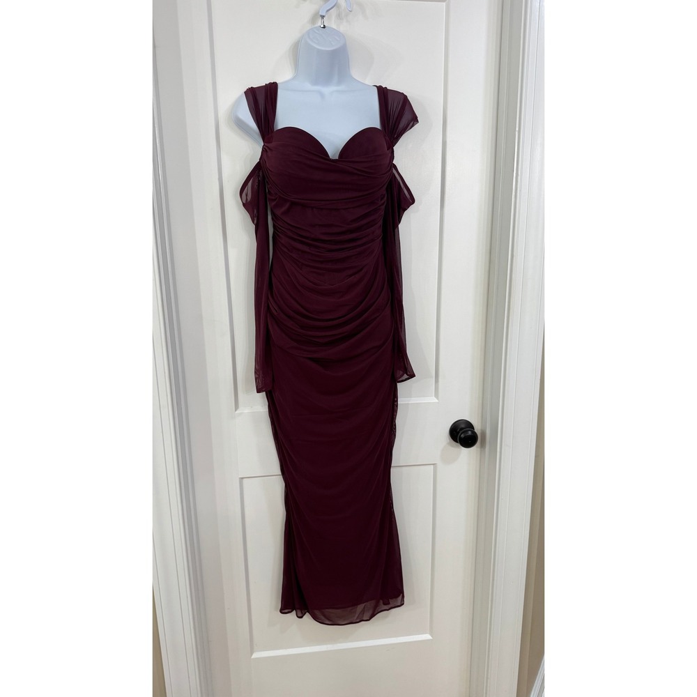 CurvySweet Burgundy Ruched Mesh Off Shoulder Maxi Dress Hidden Corset SDK0561A M